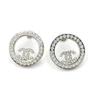 Chanel Silver CC Crystal Round Piercing Earrings